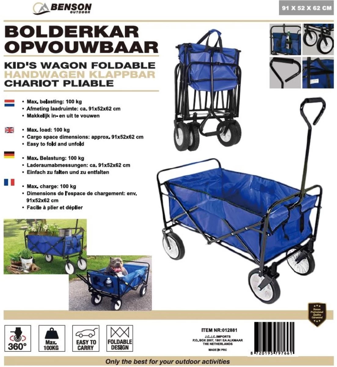 Benson Opvouwbare Bolderkar - 91x52x62 Cm - Max 100 Kg - Blauw - Afbeelding 2