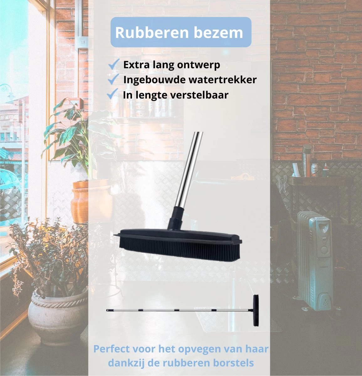 De Blaffende Kat 2 In 1 Rubberen Bezem – Bezem Binnen & Buiten – Vloerwisser Met Steel - Vloertrekker – Veger - Extra Lang 160cm - Afbeelding 2