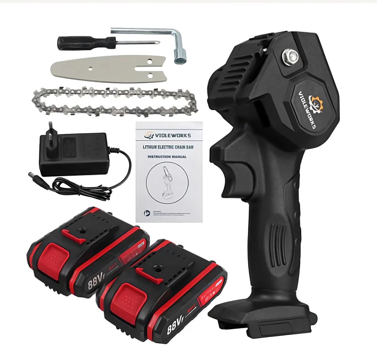 Violeworks® Accu Kettingzaag - Snoeizaag - Mini Kettingzaag - Handkettingzaag - Ook Voor Makita - Elektrische Kettingzaag - Elektrische Snoeischaar - Op Batterij - 2900 MAh - 1080W - 88V - Afbeelding 7