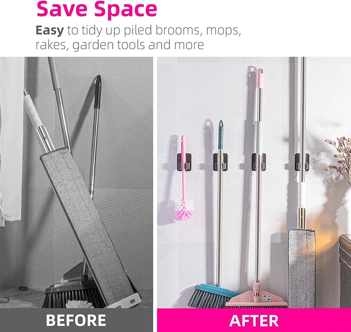 BOTC Bezemhouder - 4 Stuks - RVS - Bezem Ophangsysteem - Bezem Houder - Tuingereedschap - Zwart - Afbeelding 4