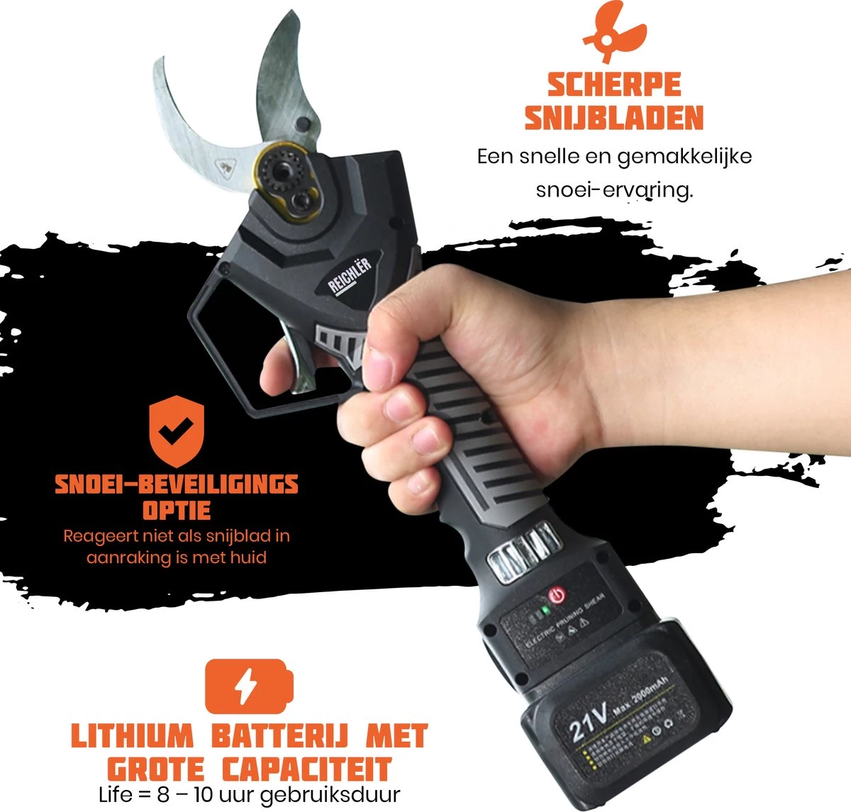 Reichlër® Elektrische Snoeischaar - 40 Mm Snijdiameter - 2x Accu - Anti-cut Functie - Heggenschaar - Takkenschaar - Zwart - Afbeelding 4