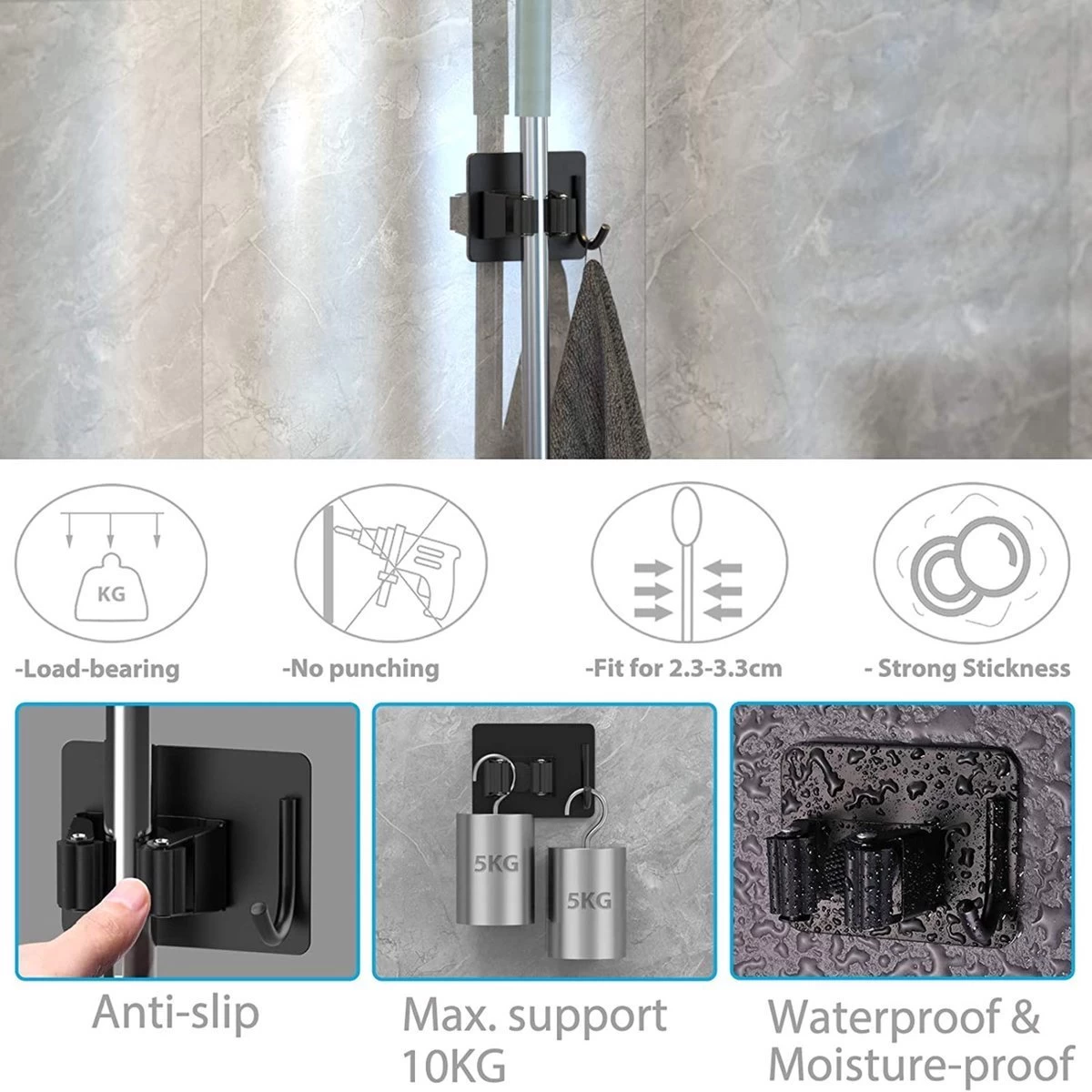 BOTC Bezemhouder - 4 Stuks - RVS - Bezem Ophangsysteem - Bezem Houder - Tuingereedschap - Zwart - Afbeelding 2