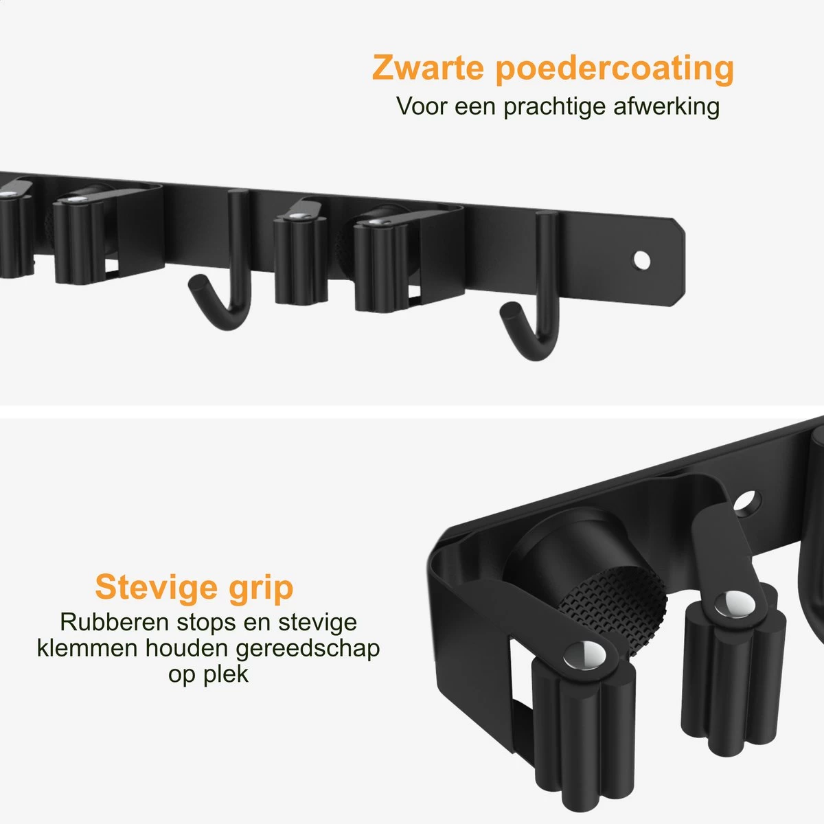 Volcan Bezemhouder - Bezem Ophangsysteem Tuingereedschap - Gereedschapshouder - Zelfklevend - 3M Tape - 3 Houders 4 Haken - RVS Zwart - Afbeelding 3