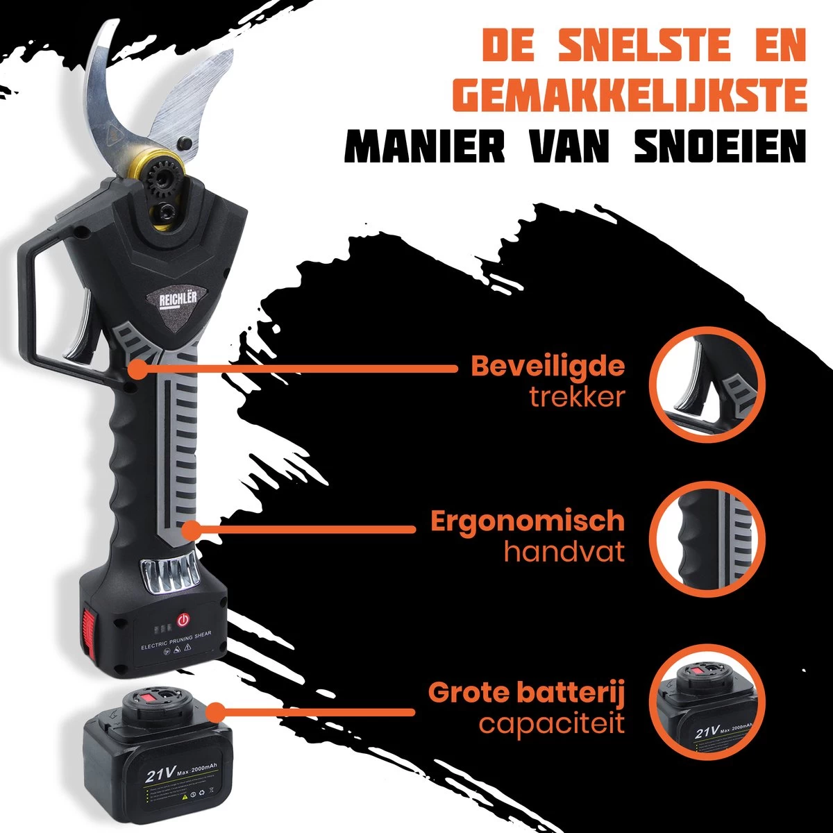 Reichlër® Elektrische Snoeischaar - 40 Mm Snijdiameter - 2x Accu - Anti-cut Functie - Heggenschaar - Takkenschaar - Zwart - Afbeelding 3