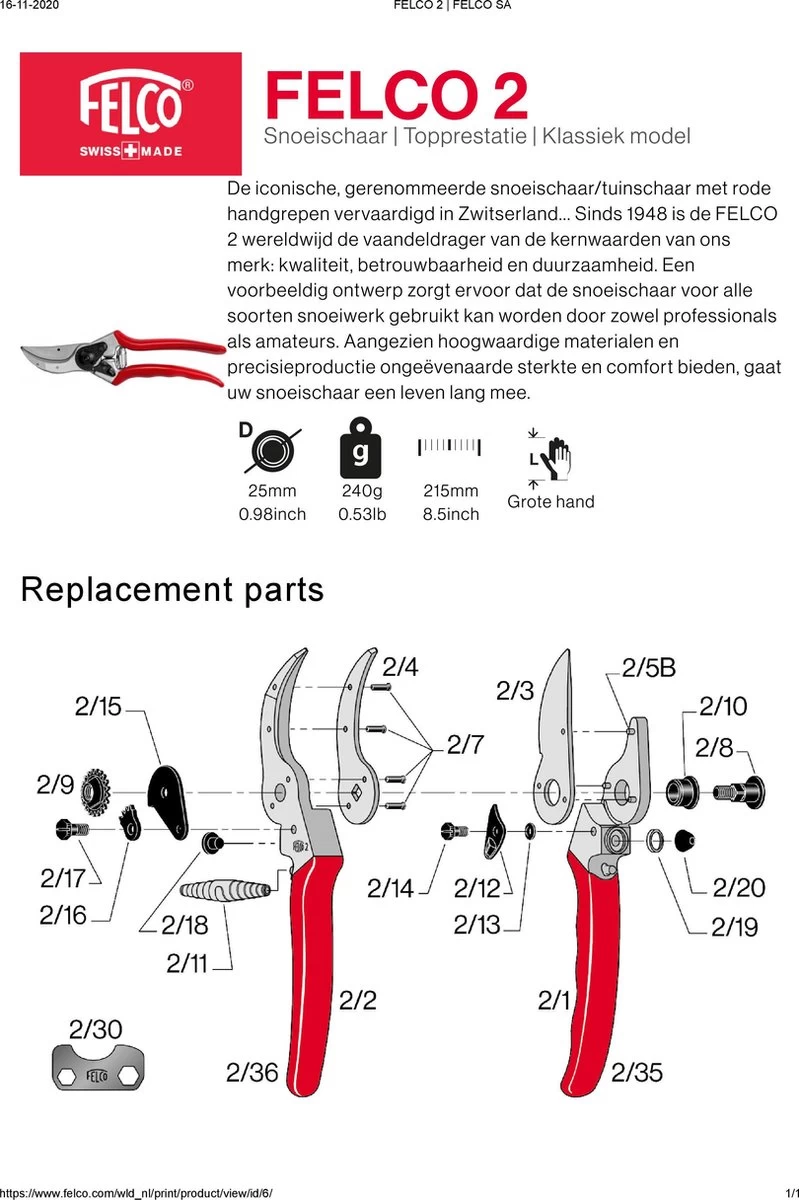 Felco 2 Snoeischaar - Rechtshandig - Max. Knipdiameter 25 Mm - Lengte 215 Mm - Afbeelding 2